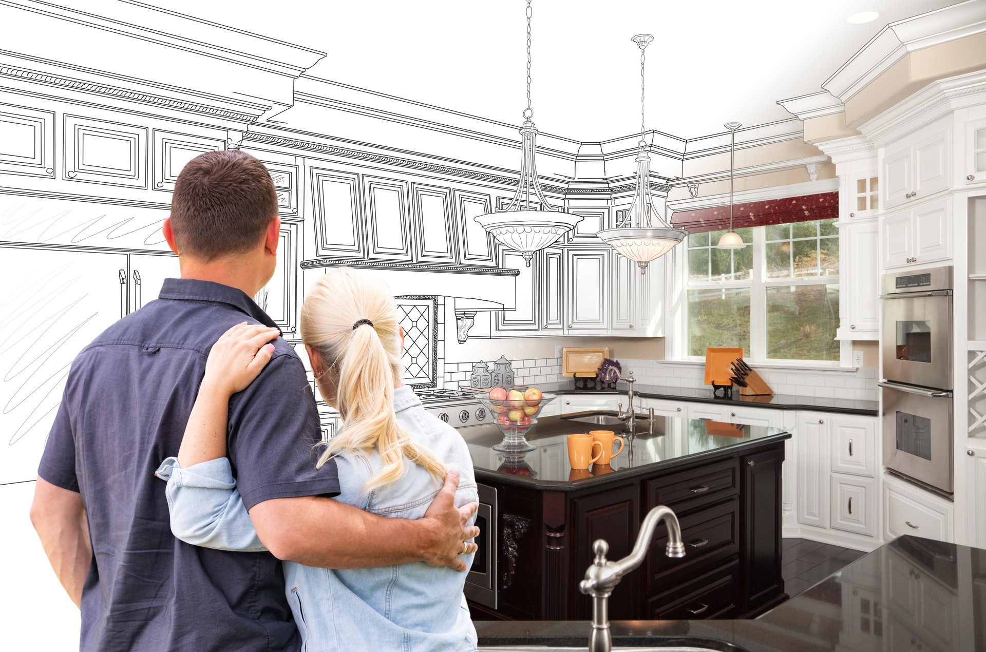 Couple Facing Custom Kitchen Drawing Gradating To Photo